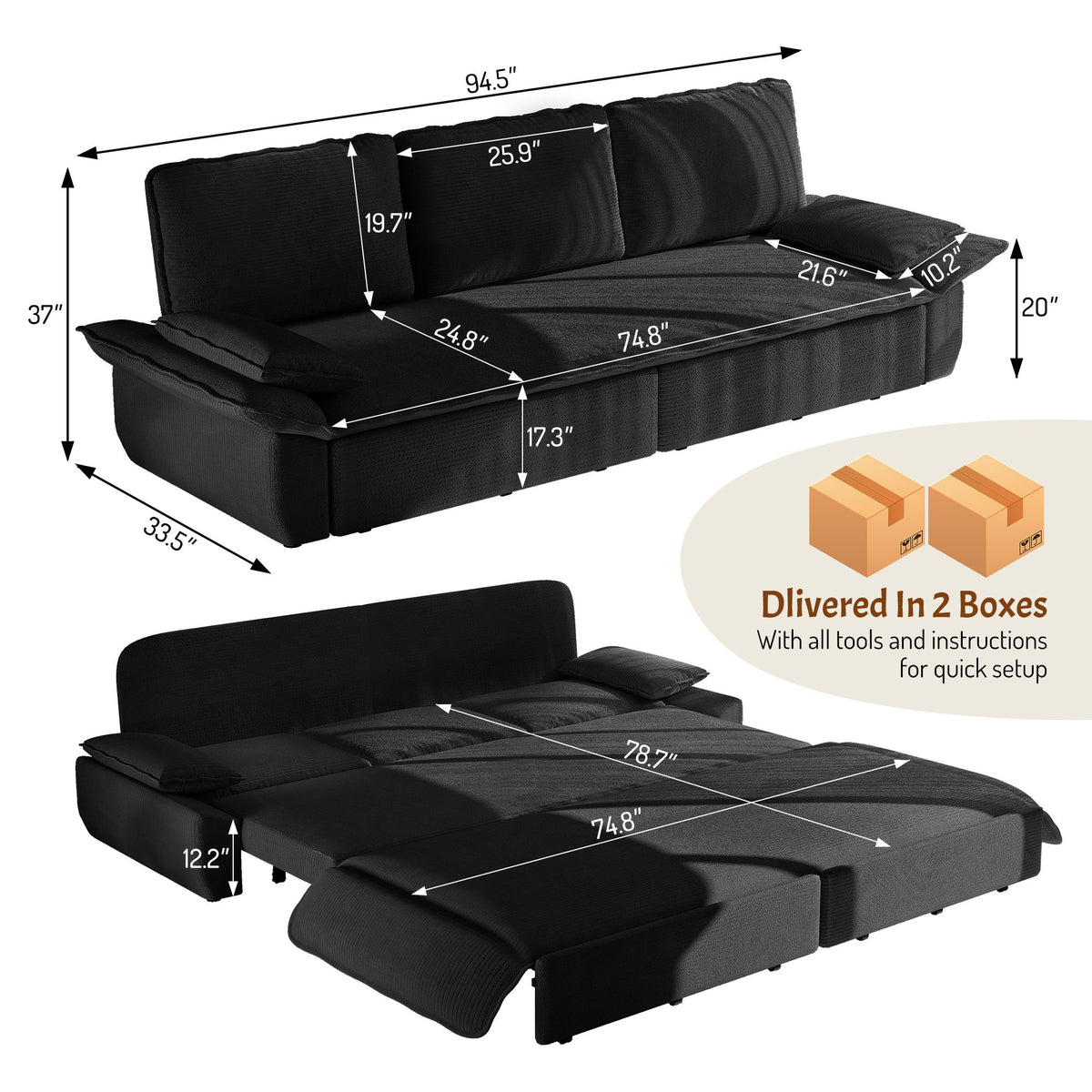 King Size Pull Out Sofa Bed, 3 In 1 Convertible Multifunctional