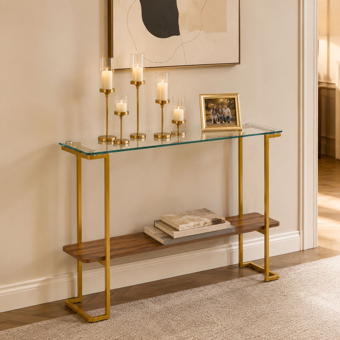 Console Table With Shelf, 2 Tier Living Room - Gold / Walnut
