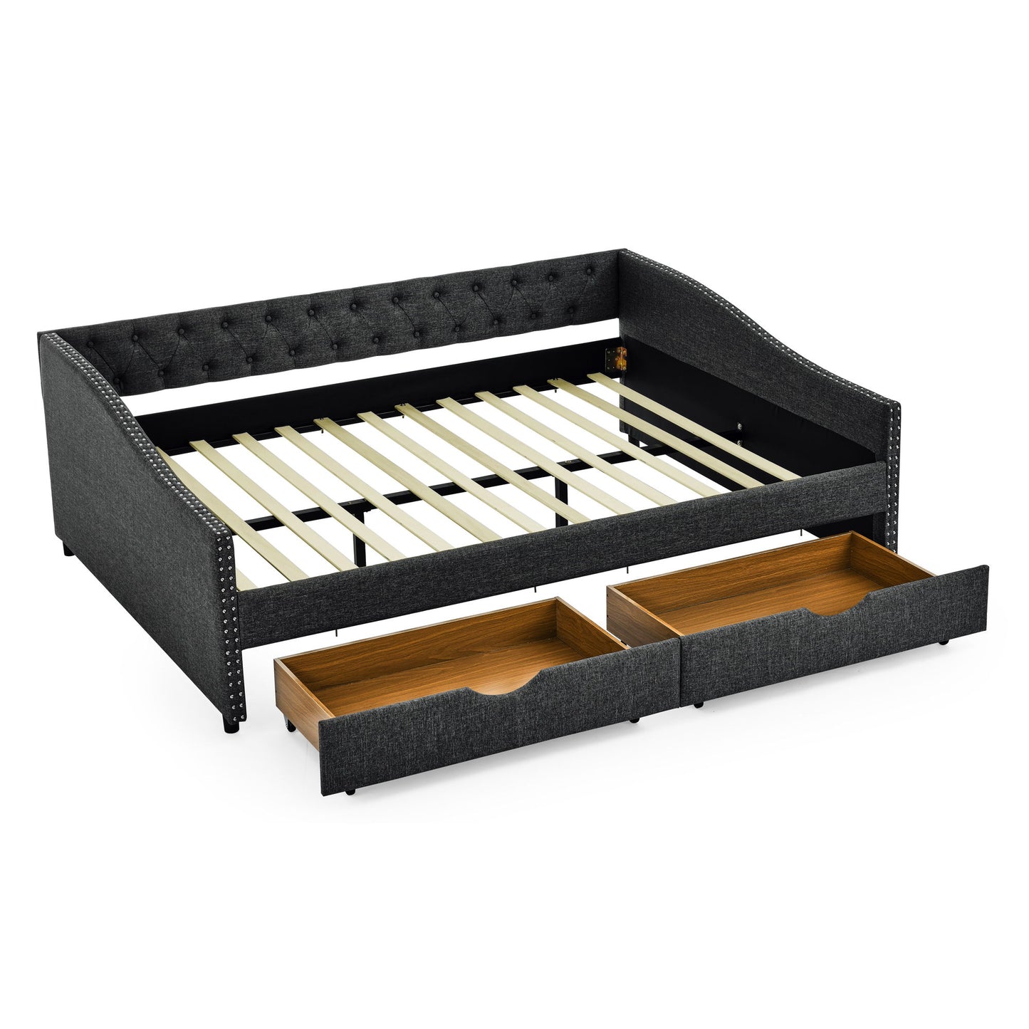 Upholstered Tufted Daybed With 2 Drawers, Waved Arms