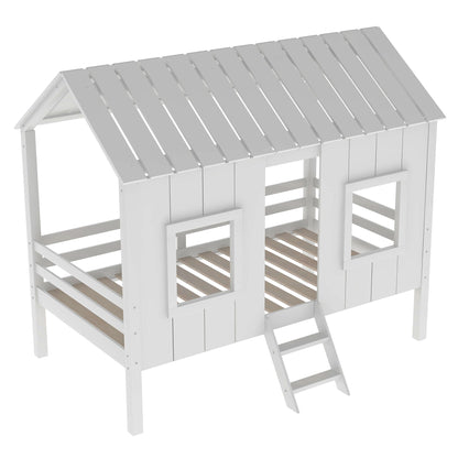 Twin Size Low Loft House Bed With Roof And 2 Front Windows - White