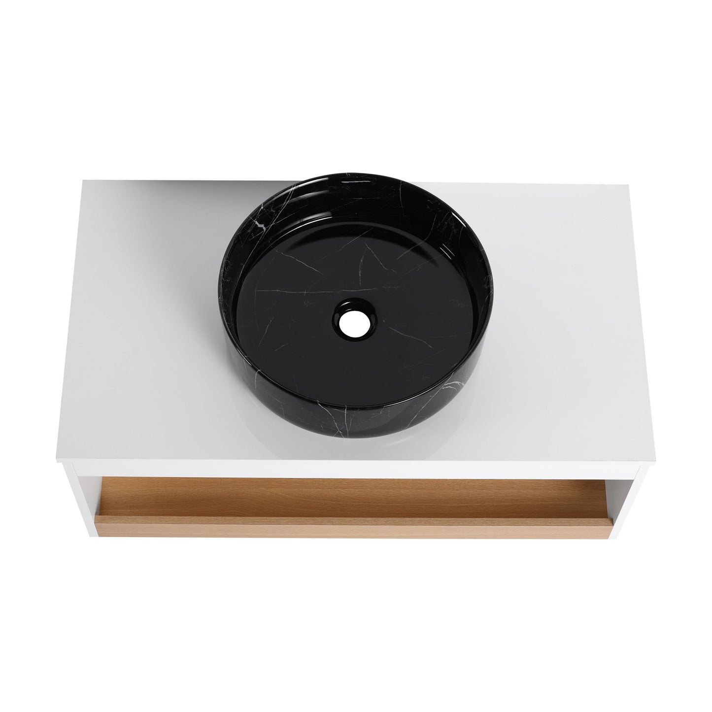 Floating Bathroom Vanity With Vessel Sink With Open Shelf Storage