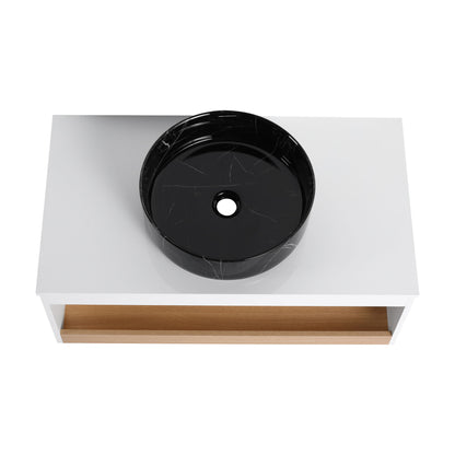 Floating Bathroom Vanity With Vessel Sink With Open Shelf Storage