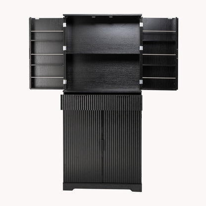 Fluted Kitchen Pantry Cabinet With 3 Keyboard Drawers & 6 Door Shelves Adjustable