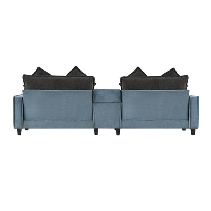 Sectional Sofa With Removable Ottomans, USB Ports, Cup Holders & Storage - Gray / Light Blue