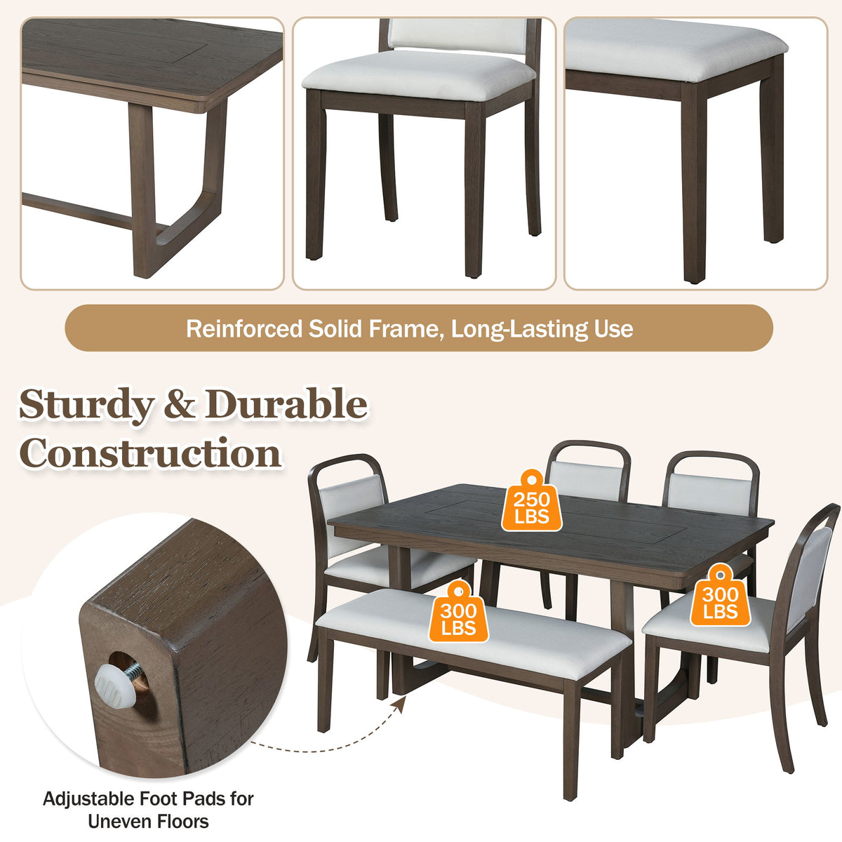 Farmhouse Dining Set With 4 Upholstered Chairs & 1 Bench