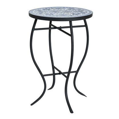 Outdoor Round Side Table With Mosaic Style Top And Curved Iron Legs