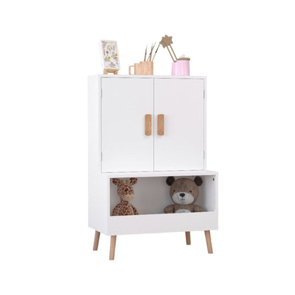 Toy Storage Cabinet With Doors And Open Shelf, Toddler Bookshelf For Playroom - White