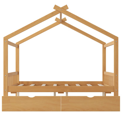 House Style Platform Bed With Headboard, Footboard, 2 Drawers, And Roof Design