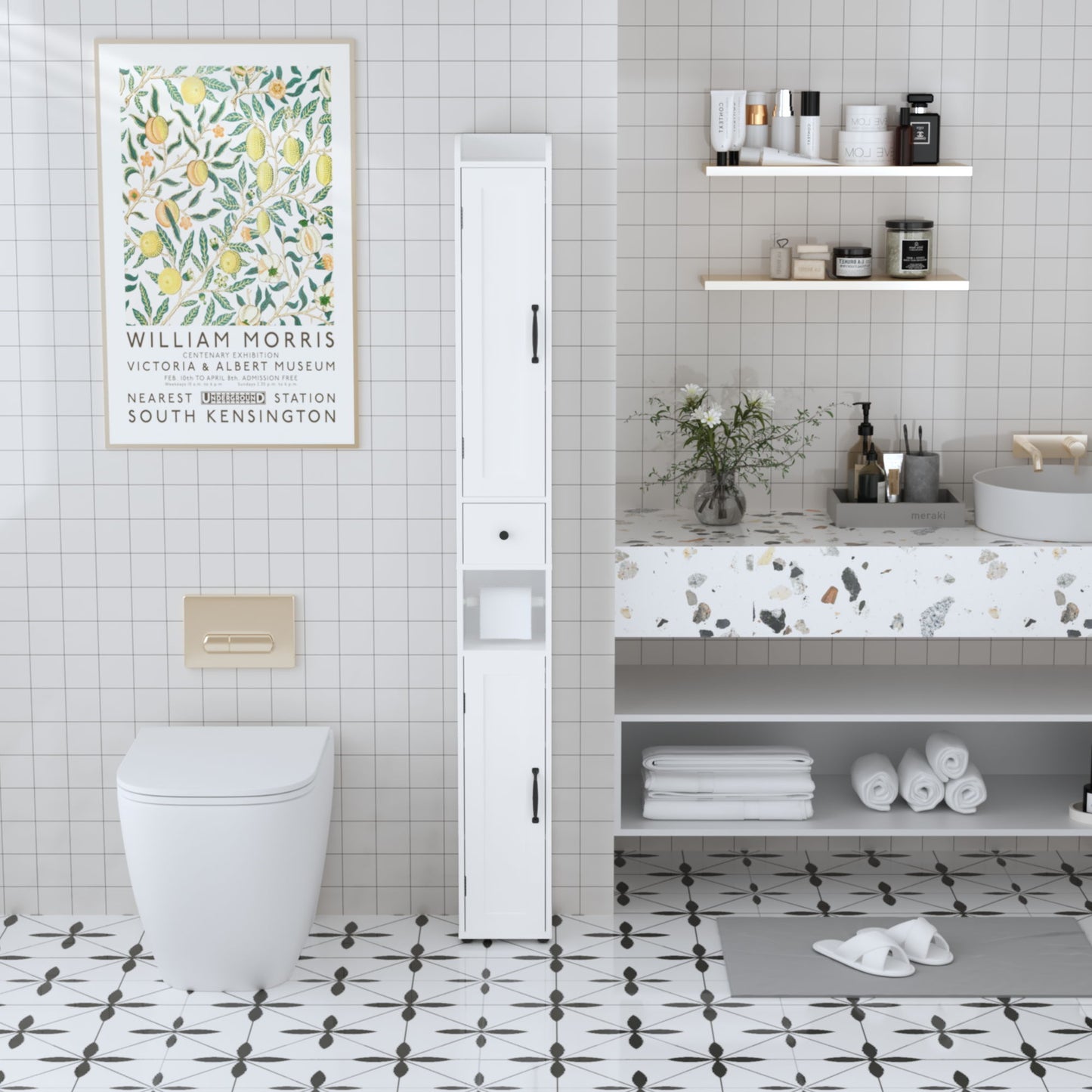 Slim Tall Bathroom Storage Cabinet With Adjustable Shelves, 2 Doors Freestanding Cabinet - White