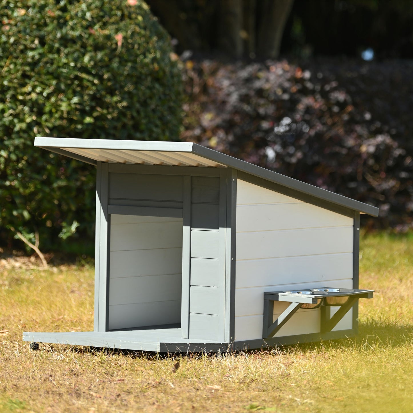 Modern Design Outdoor Dog House With Food Bowl And Wheels Pine - Gray / White