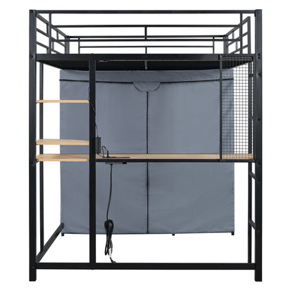 Loft Bed With Desk, Shelves, Power Outlet, LED Light And Wardrobe