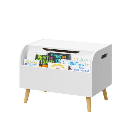 Toy Box With Front Bookshelf, Flip Top Lid, Safety Hinge For Kids Room Organization - White