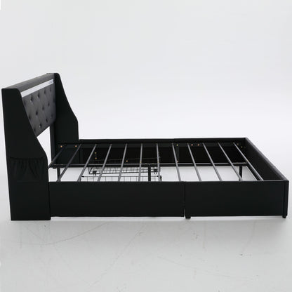 Wingback Upholstered Bed Frame With LED Lights, Charging Station