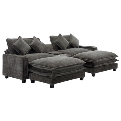 Modern Sectional Sofa With Removable Ottomans, USB Ports