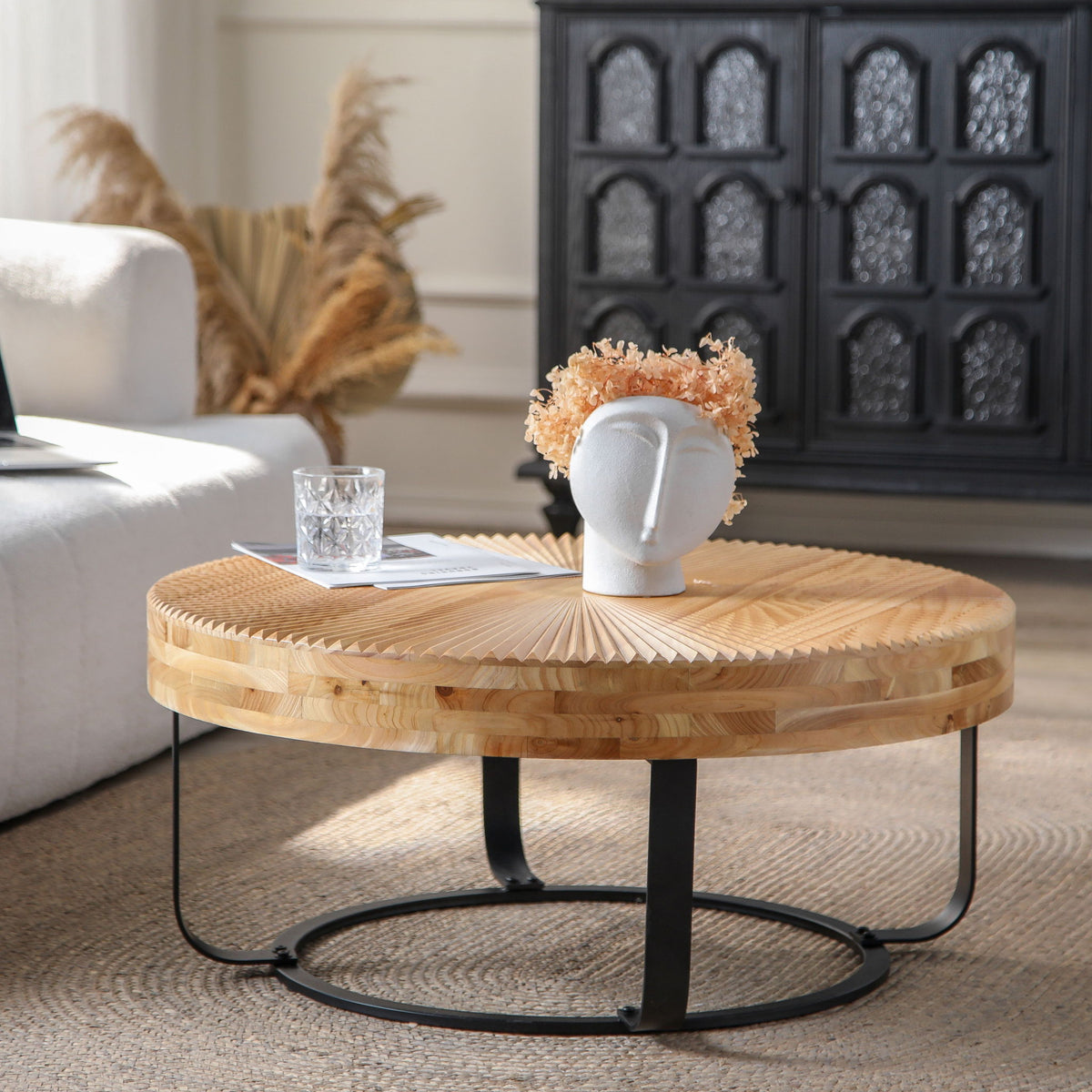Modern Round Coffee Table With Wooden Carving Pattern