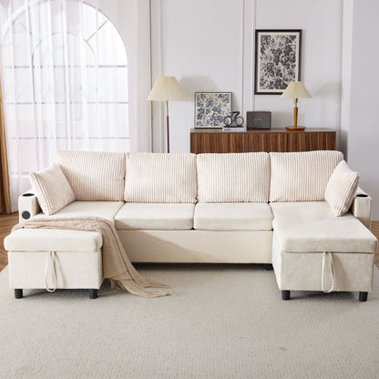 Sectional Sofa Bed With Pull Out Sleeper, USB Ports, Cup Holders