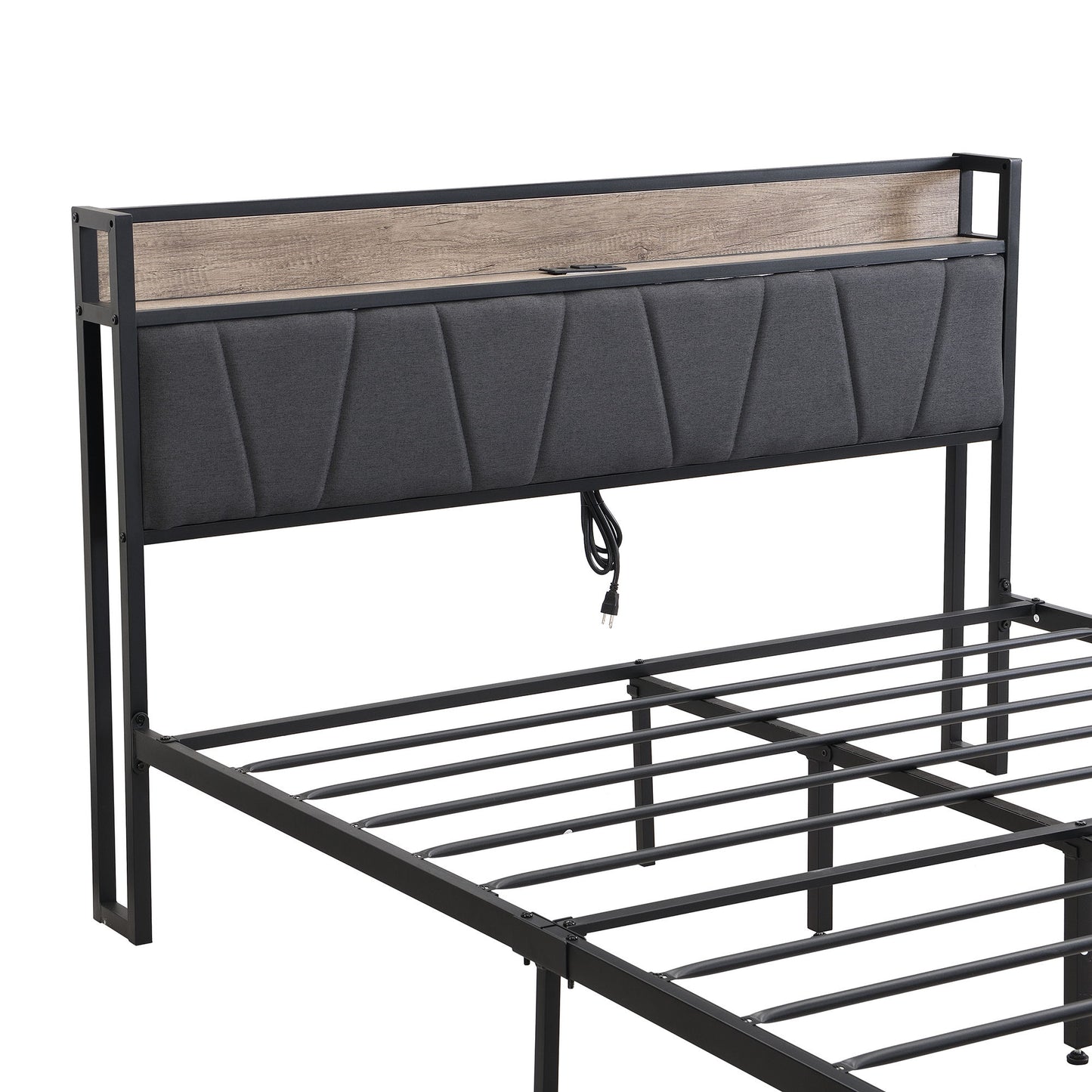 Modern Bed Frame With LED Lights, Upholstered Headboard, USB Charging