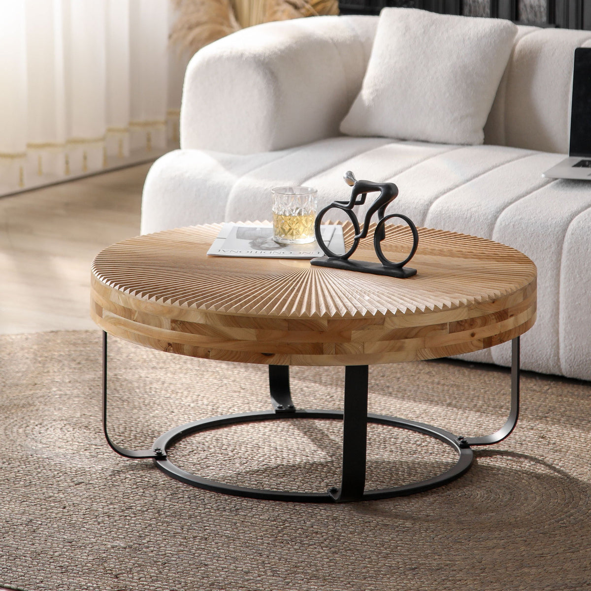 Modern Round Coffee Table With Wooden Carving Pattern