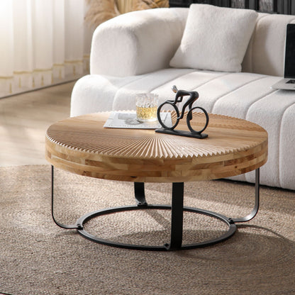 Modern Round Coffee Table With Wooden Carving Pattern