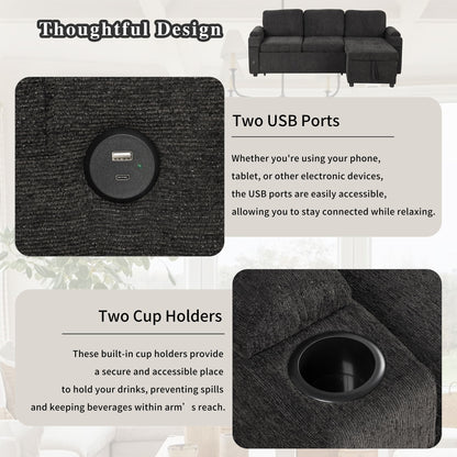 Convertible L Shaped Sofa Couch With Storage, Cup Holders, USB Ports