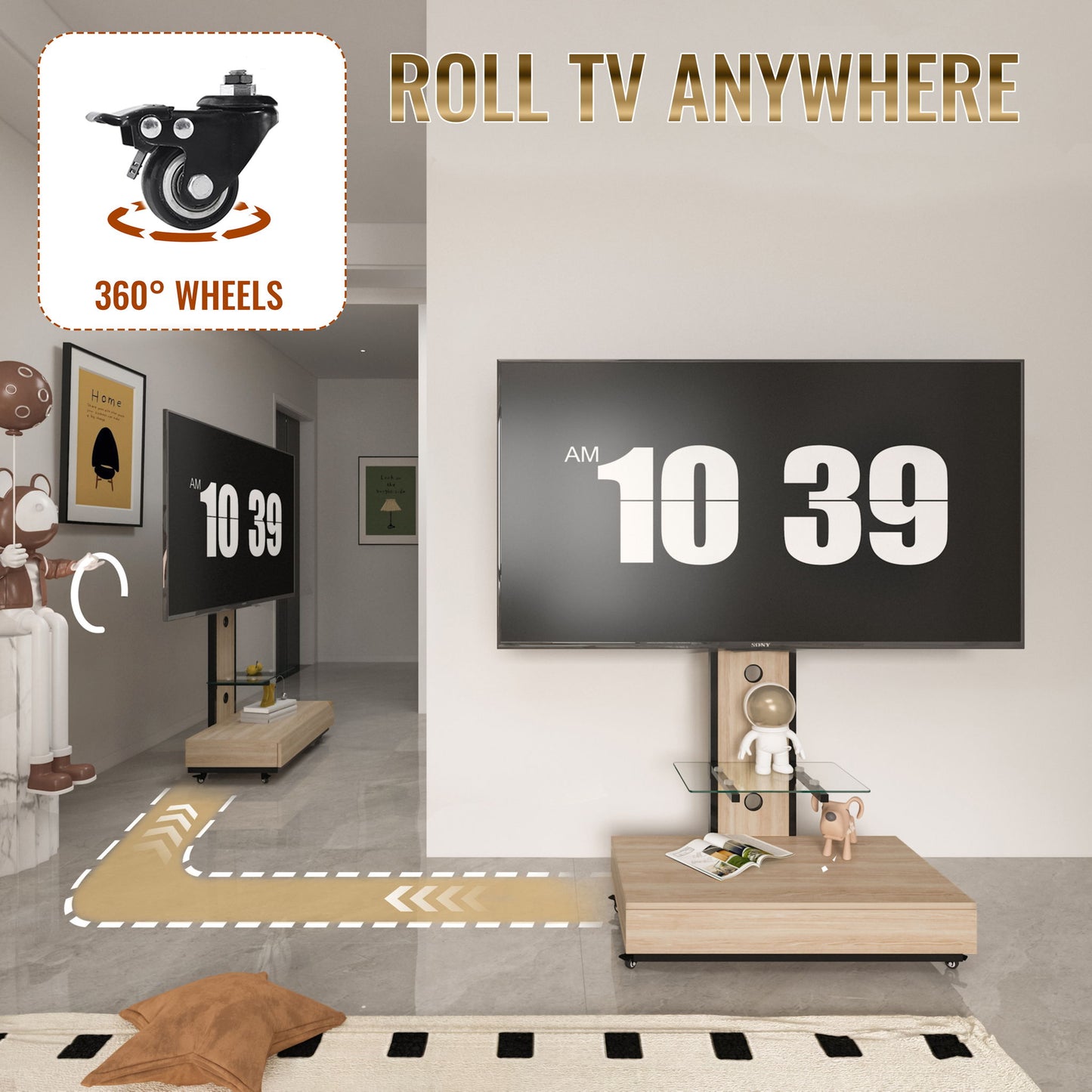 Mobile TV Cart With Push Pull Drawer, Lockable Wheels