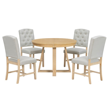 Dining Set With Leaf Round Table And 4 Upholstered Chairs