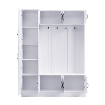 Tall Hall Tree With Shoe Storage, 4 In 1 Entryway Bench With 6 Cabinets, 4 Coat Hooks & Adjustable Shelf For Hallway - White