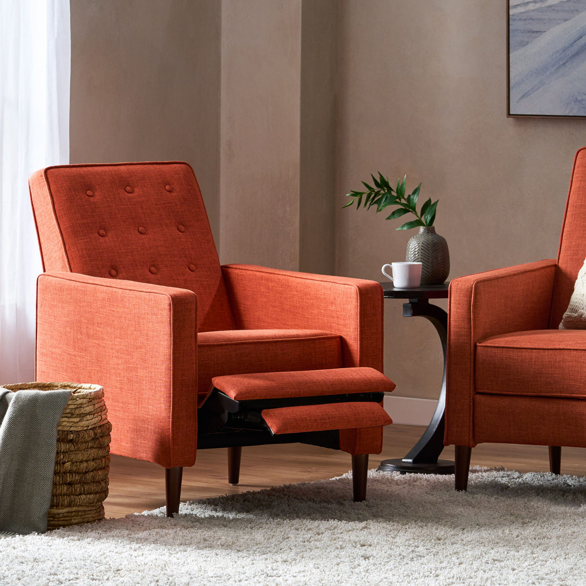 Mid-Century Modern Recliner With Button Tufted Waffle Stitch