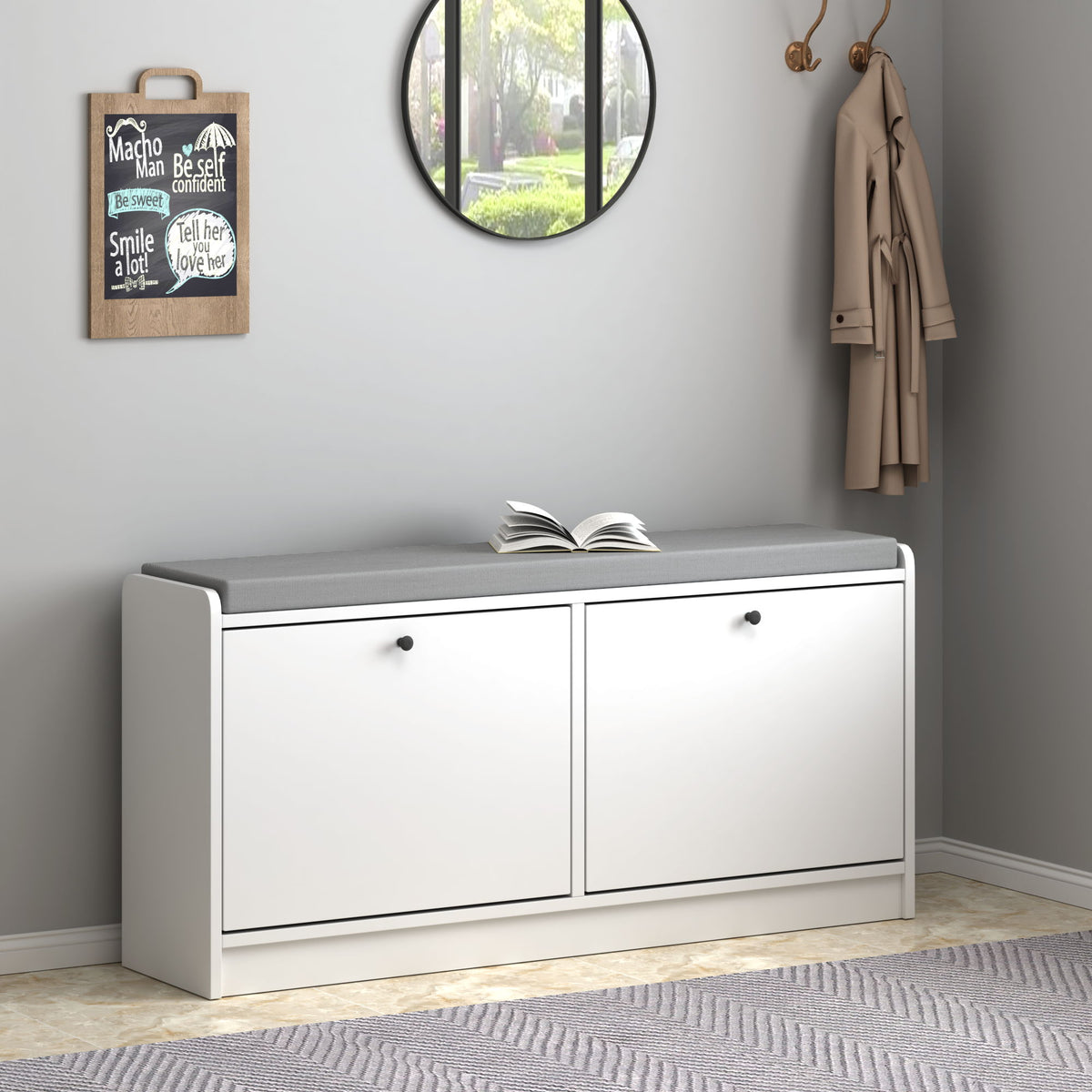 Shoe Storage Bench With Cushion, Entryway Organizer Cabinet For Hallway - White