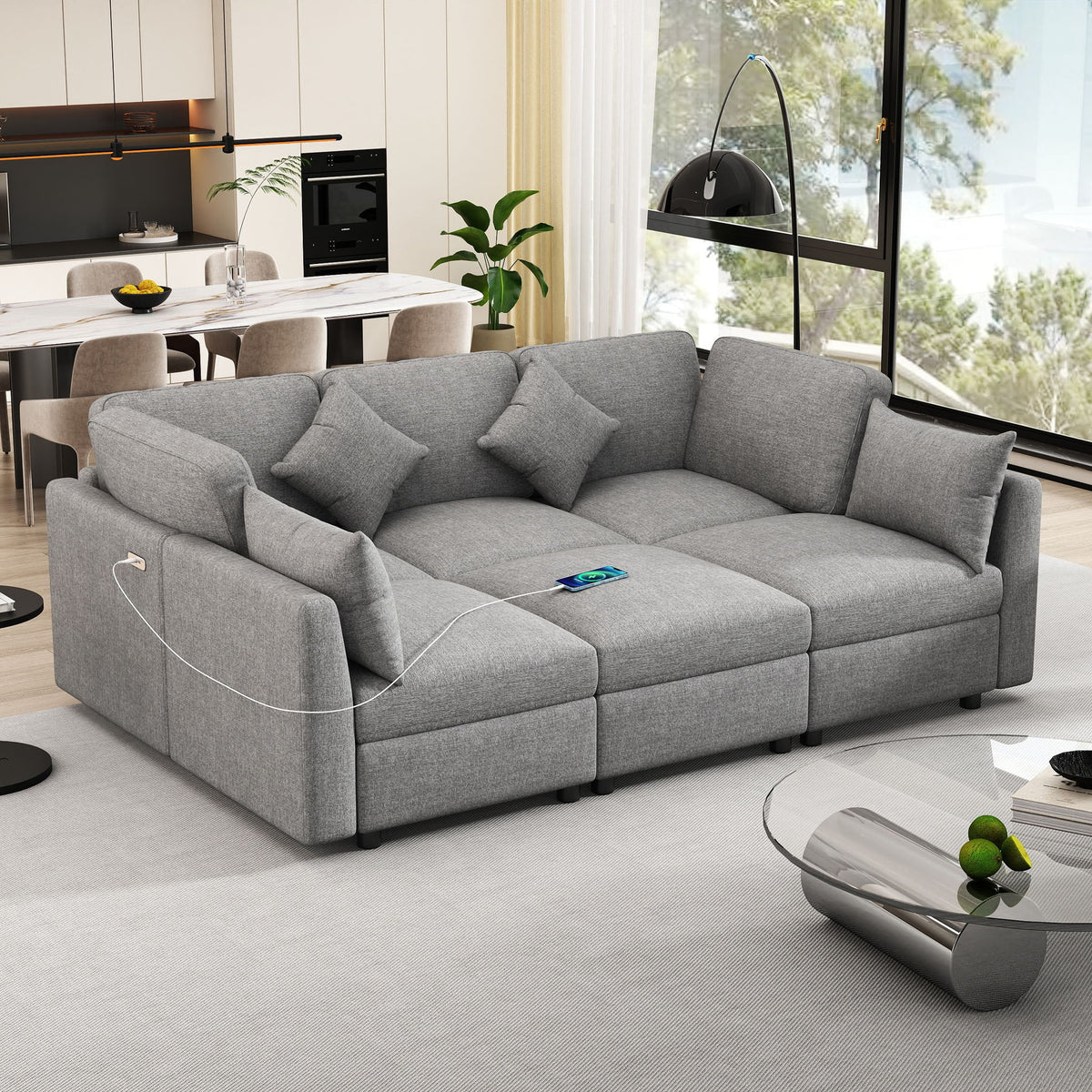 Sectional Sofa Modular U-Shaped With Ottoman & USB Ports