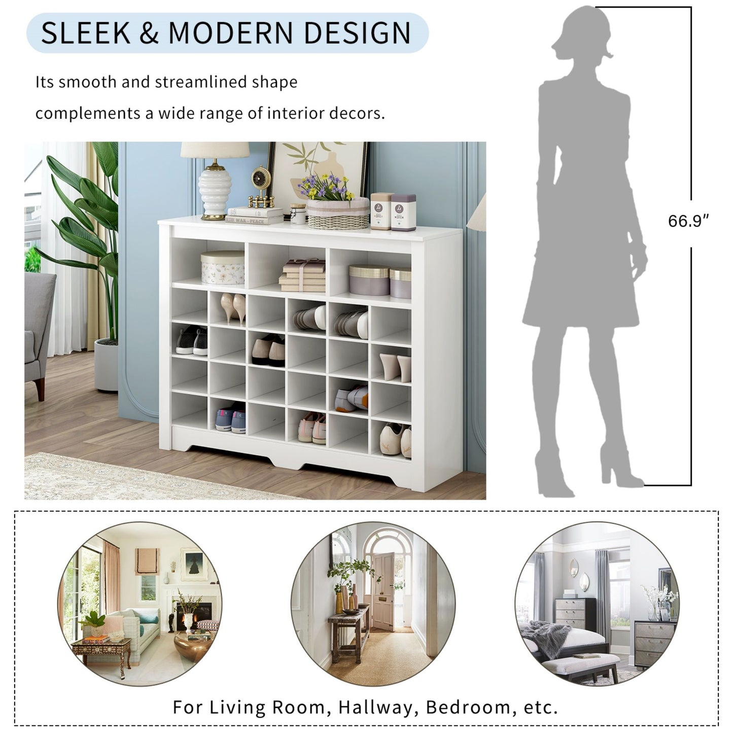 24 Shoe Cubby Console, Shoe Cabinet - White