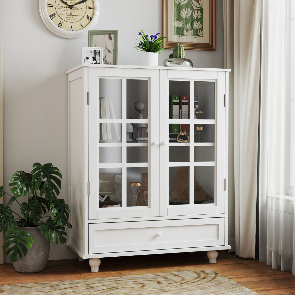 Minimalist Buffet Cabinet With Double Glass Doors And Drawer