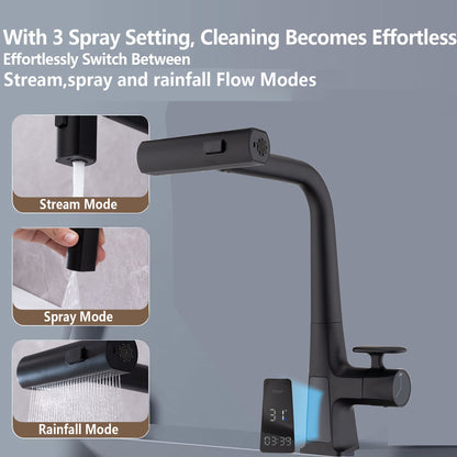 Waterfall Kitchen Faucet With Temperature Display And Pull Down Sprayer