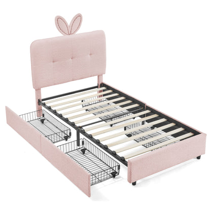 Upholstered Bed With Oversized Rabbit Ear Headboard, LED Lights & 4 Storage Drawers