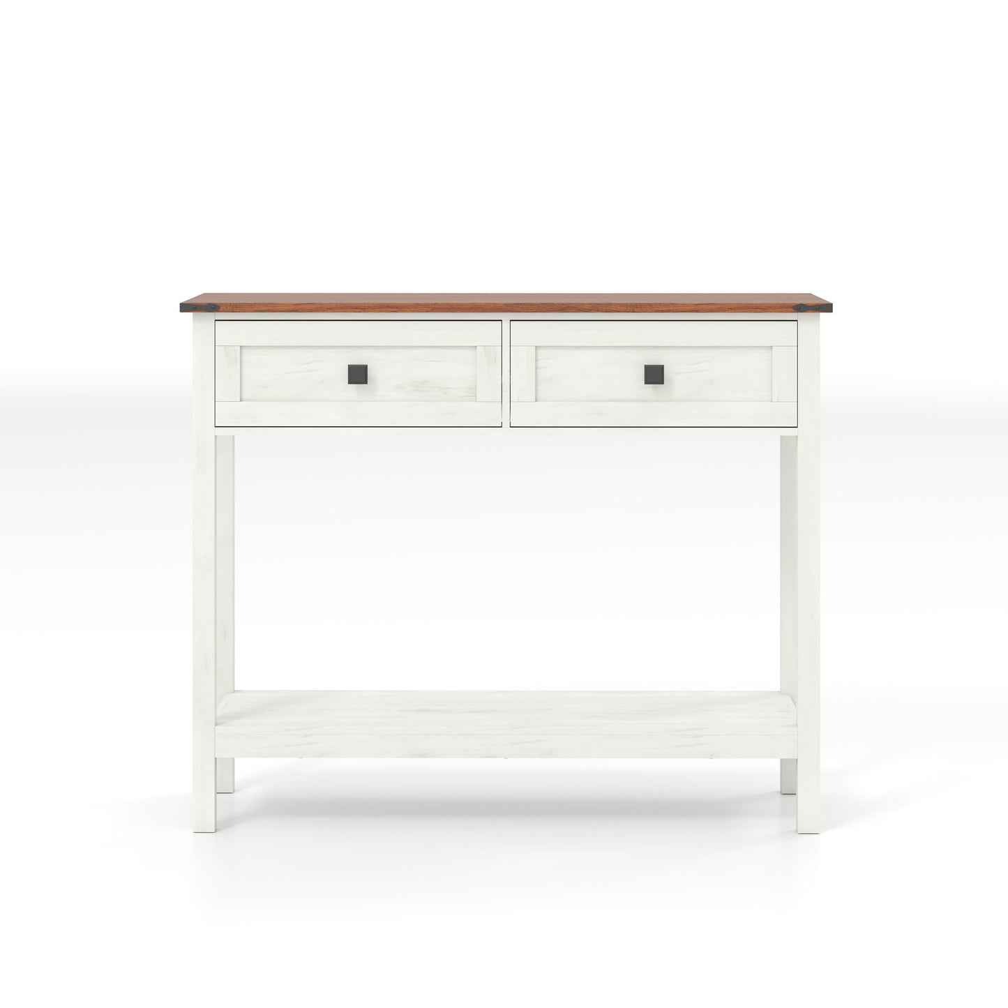 Farmhouse Style Console Table With 2 Drawers And Bottom Storage Shelf