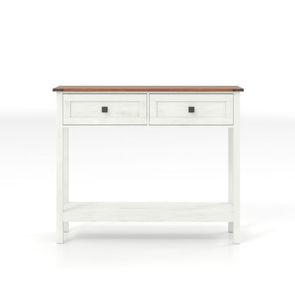 Farmhouse Style Console Table With 2 Drawers And Bottom Storage Shelf