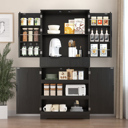 Fluted Kitchen Pantry Cabinet With 3 Keyboard Drawers & 6 Adjustable Door Shelves