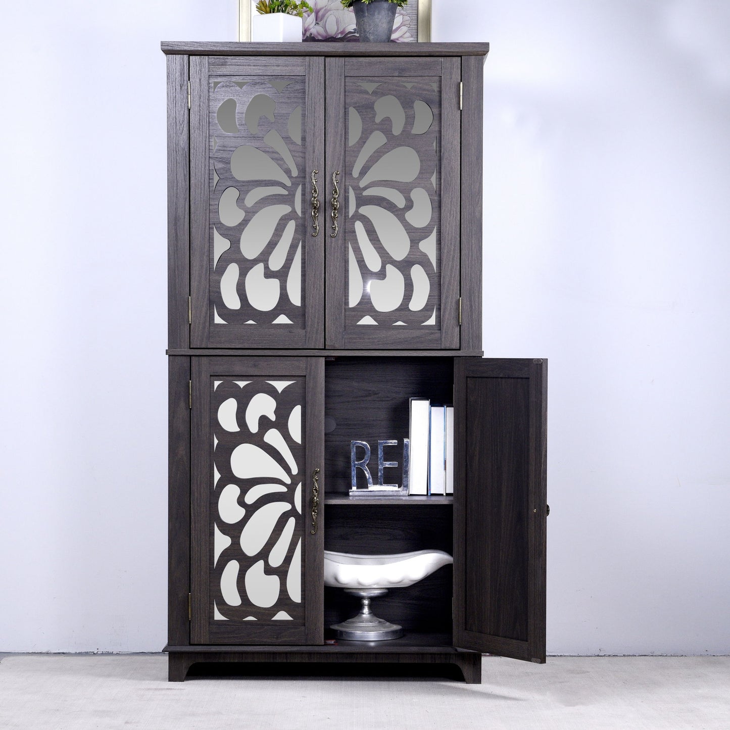 Modern Sideboard Buffet With 4 Mirrored Doors, Adjustable Shelves