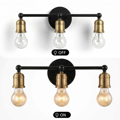 3 Light Wall Sconce, Vanity Light, No Bulbs Included - Black / Gold