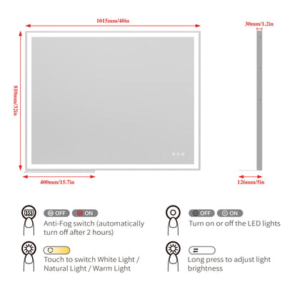 LED Bathroom Vanity Mirror Wall Mounted Adjustable / Warm / Natural Lights Anti-Fog Touch Switch With Memory Modern Smart Large Bathroom Mirrors
