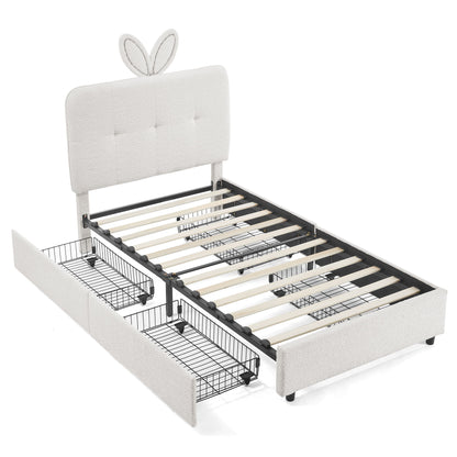 Upholstered Bed With Oversized Rabbit Ear Headboard, LED Lights & 4 Storage Drawers