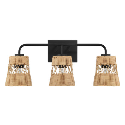 Moonlit - 3 Lights Wall Sconce With Shade, Bathroom Lighting Fixtures Over Mirror - Black / Rattan