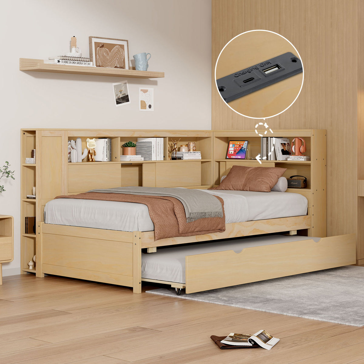 Daybed With Storage Shelves, USB Charging, And Trundle Bed