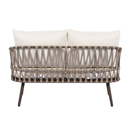 4 Piece Outdoor Patio Furniture Set, Metal Chairs With Woven Rope U Shaped Backrest