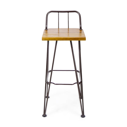 Dione Outdoor Industrial Acacia Wood Bar Set With Metal Frame And Slat Paneling - Brown