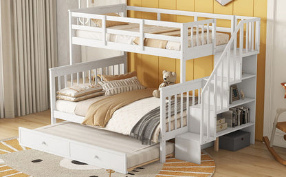 Bunk Bed With Twin Size Trundle, Storage And Guard Rail For Bedroom