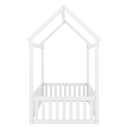 Wood House Bed With Fence And Door