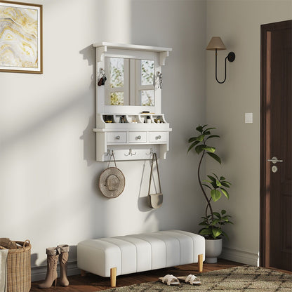 Floating Makeup Vanity With Big Mirror, Wall Mounted Storage Vanity With Drawers, Pockets & Hooks, Space Saving Decorative Home Organizer - White
