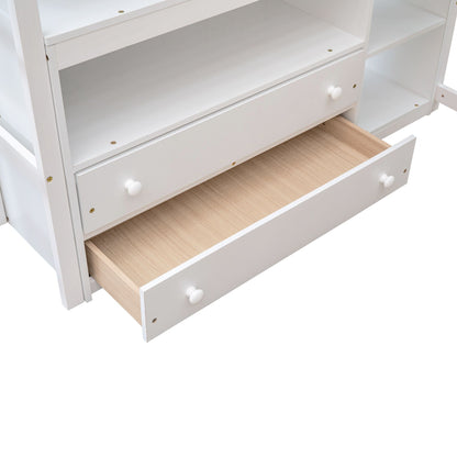 Modern Loft Bed With Built In Desk, Shelves, And 2 Drawers