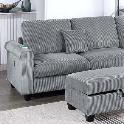 Contemporary Sectional Set With Right Arm Chaise, Left Arm Sofa With USB Port, Storage Ottoman